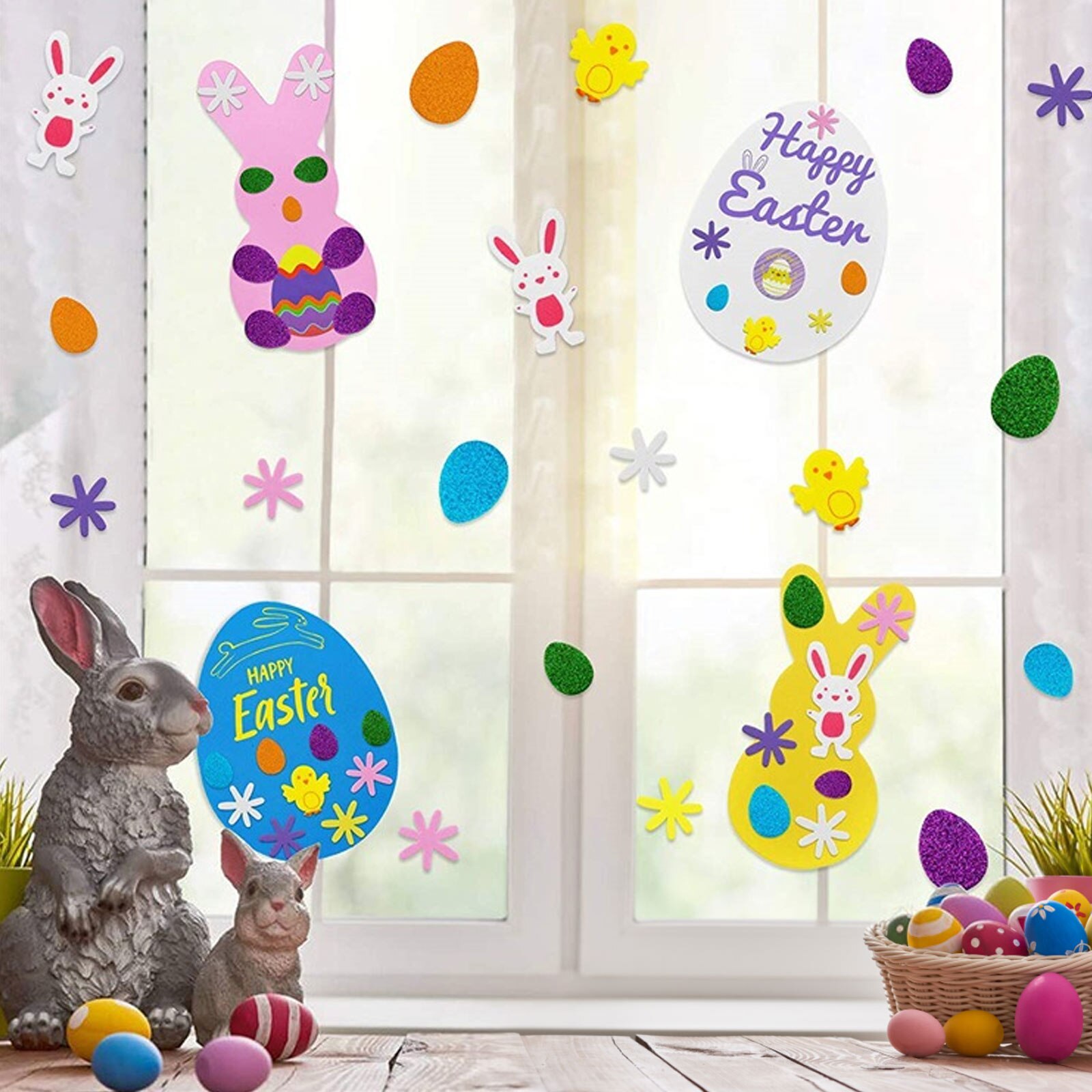 Easter Foam Stickers Set Self Adhesive Stickers Glitter Egg Bunnies Chicks Flower Stickers DIY Easter Decorations for Kids