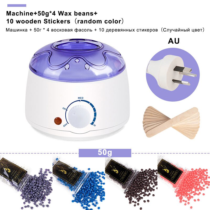 Electric Mini Wax-melt Heater Machine 4 Bags Wax Bean 10 Wood Stickers Hair Removal Machine Waxing Kit Calentador de cera: White AU plug