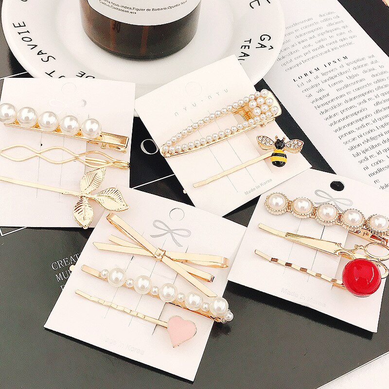 1 Set Vintage Pearl Metal Hair Clip Simple Love Heart Shape Barrettes Hairpin For Women Girls Hair Accessories