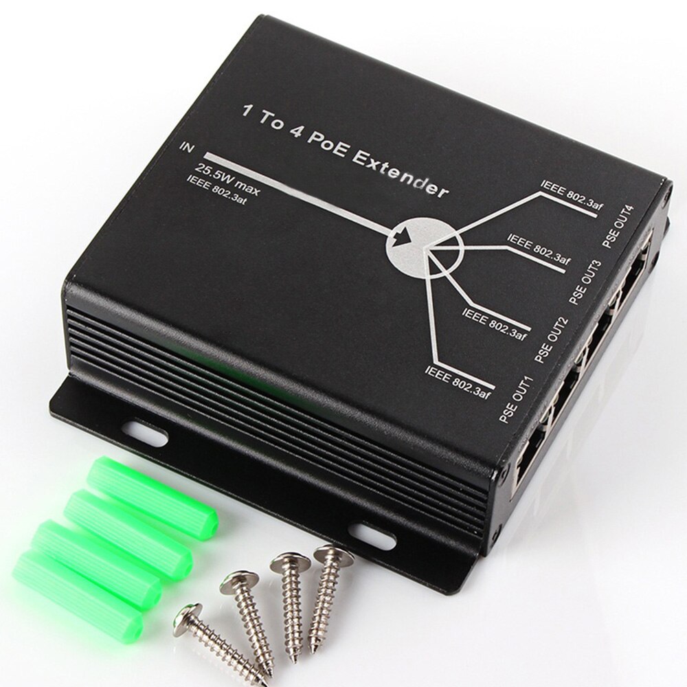 Poe extender 1- portti 10/100m ieee 802.3at ( virta sisään ) to 4- porttia ieee 802.3af ( virtalähtö) poe ip -kamerajärjestelmälle