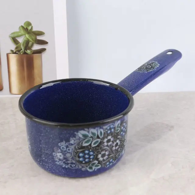 Cacerola de leche esmaltada Vintage con cucharón de mango largo para Gas o cocina de inducción, cucharón de agua esmaltado con estilo Retro para la cocina del hogar: Azul