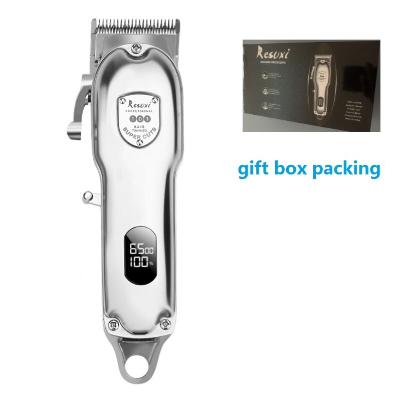 All-metal barber hair clipper electric hair trimmer men cordless hair cutter machine hair cut LCD rechargeable: silver with box