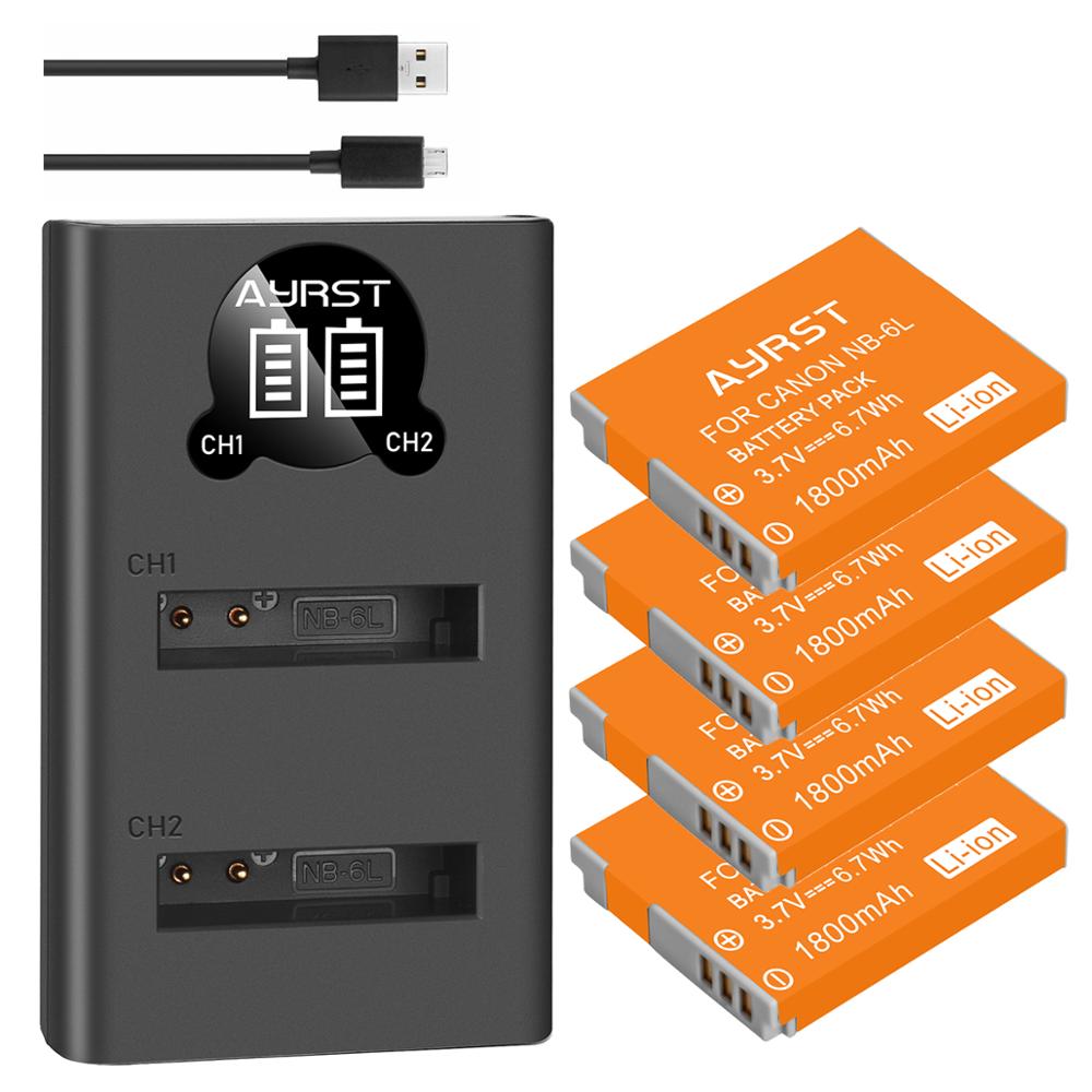 1800mAh NB-6LH NB-6L camera battery + USB Charger for Canon PowerShot D10 D20 D30 S90 S95 SX260 SX280 SX540 SX700 NB6L Batteries: 4batteryand1charger
