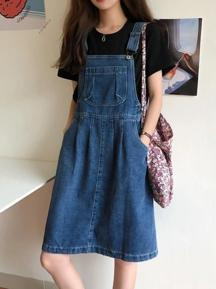 Denimkjol med hängslen dam vintagetvätt blå a-linjeformad casual sommar ett stycke koreansk kjol med  y2k remmar dam