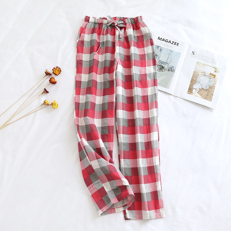 Pantalones de dormir a cuadros de gasa de algodón para hombre y mujer, Pantalón de pijama con lazo en el hogar, parte inferior, Primavera