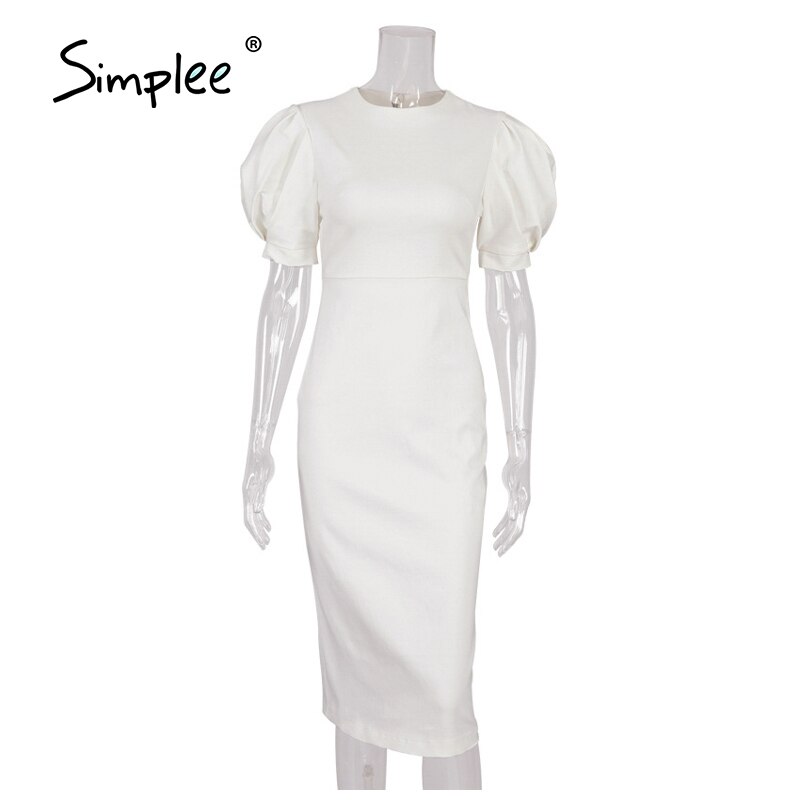 Simplee – robe crayon de soirée blanche chic, manches courtes bouffantes, couleur unie, mi-longue, moulante, boîte de nuit, élégante, printemps,