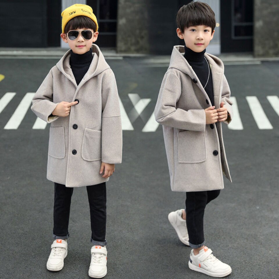 Casaco de lã infantil com capuz, casaco longo de lã da moda para garotos, para outono e inverno