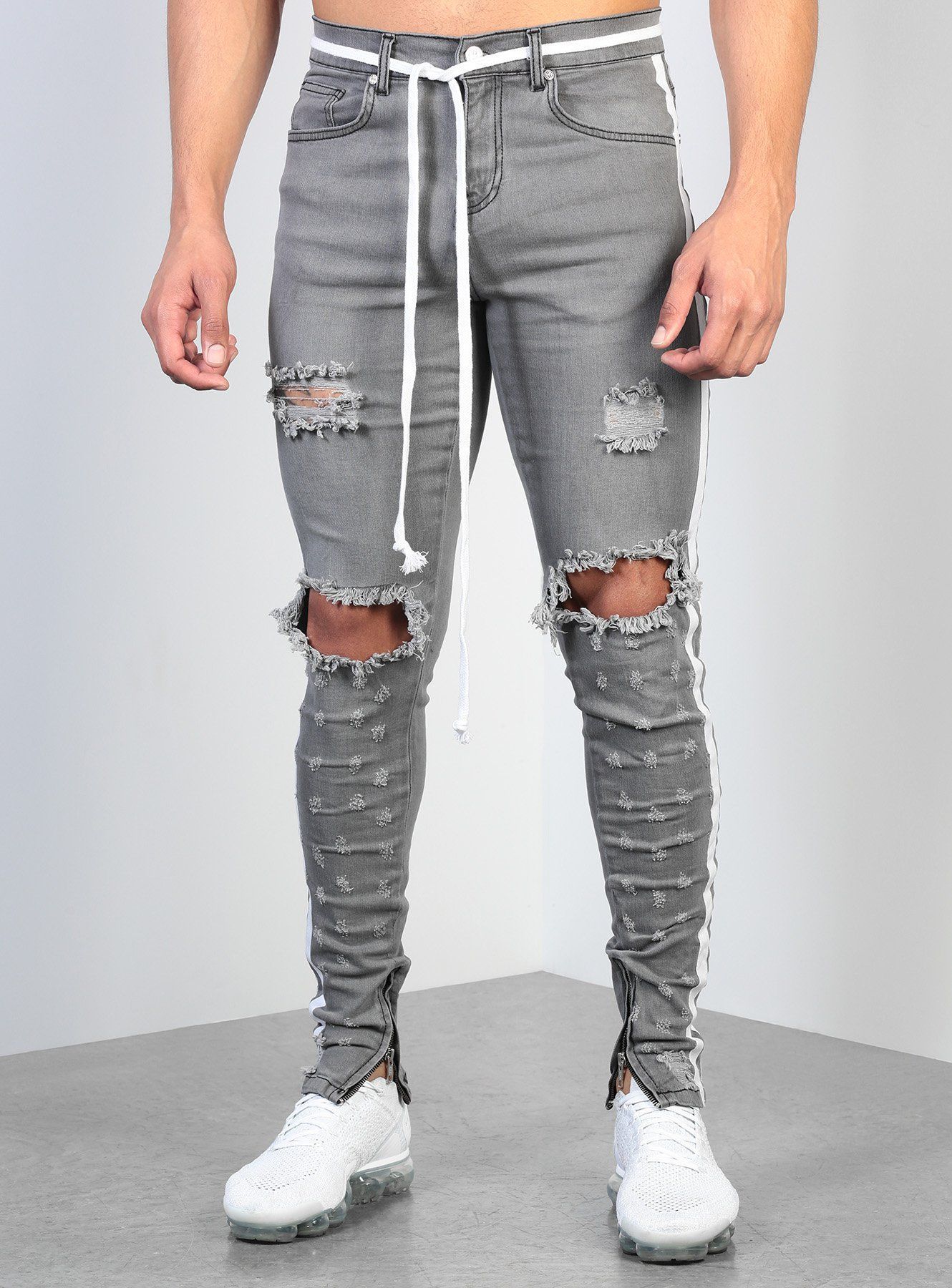 Pantalones vaqueros rasgados de Color gris S-3xl tallas pequeñas pantalones vaqueros ceñidos con agujeros decoración para hombres pantalones vaqueros rasgados con rayas blancas laterales nuevos Pantalones: XL