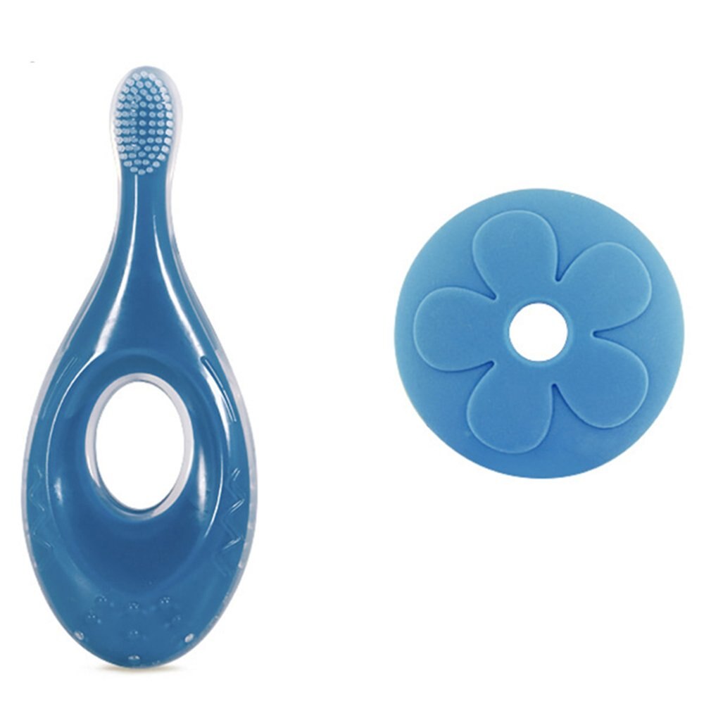 Enfants doux Silicone formation brosse à dents -né bébé enfants soins dentaires brosse à dents outil bébé enfants dentition boîte de dentition: Bleu