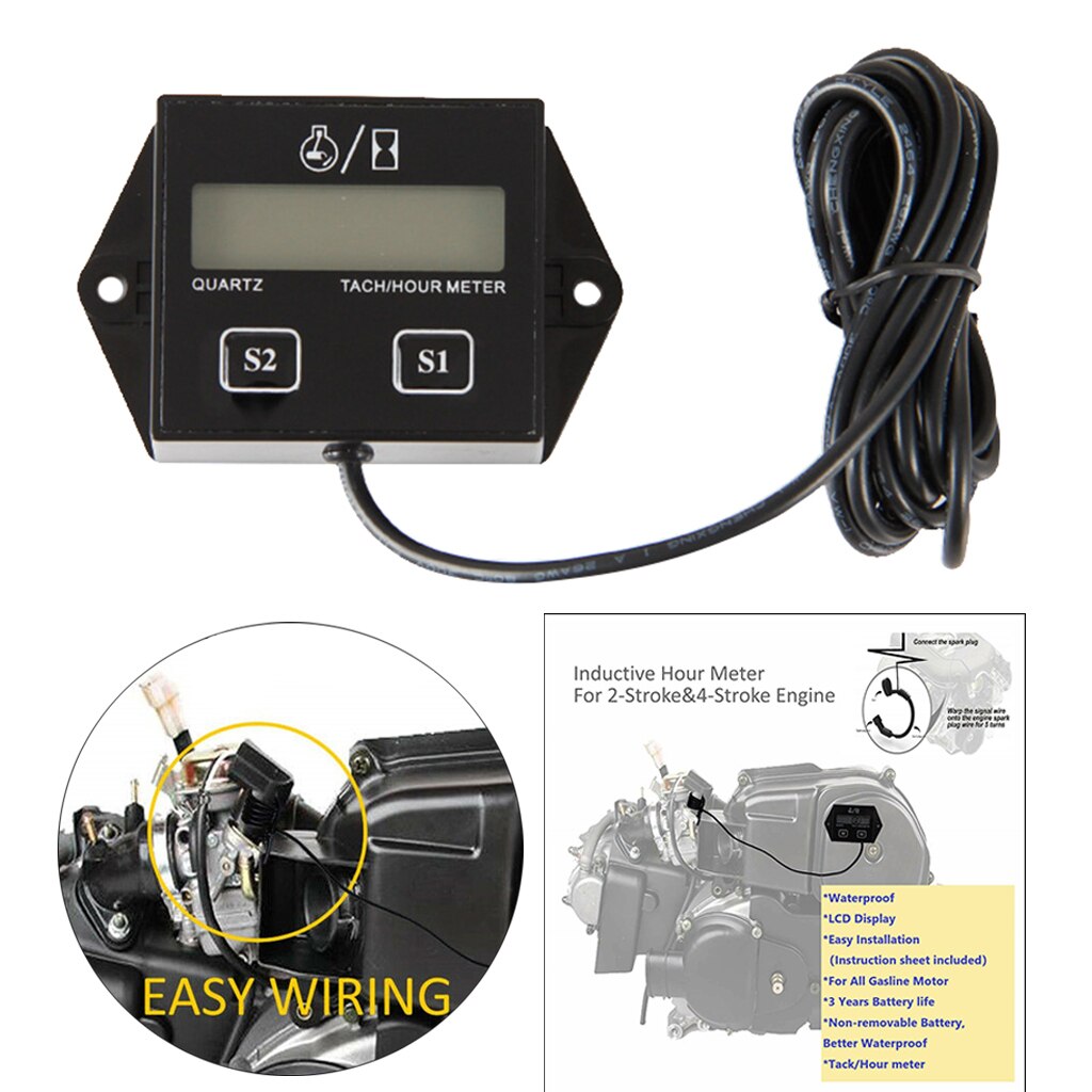 Waterproof Tach Hour Meter Small Gas Engines Tachometer RPM Gauge for Chain Saw Snowblower Lawnmower ATV Boat Motorcycle Marine