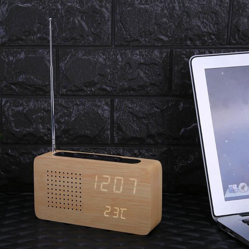 Fm-radio houten led-wekker met led-display, elektronische bureauklok