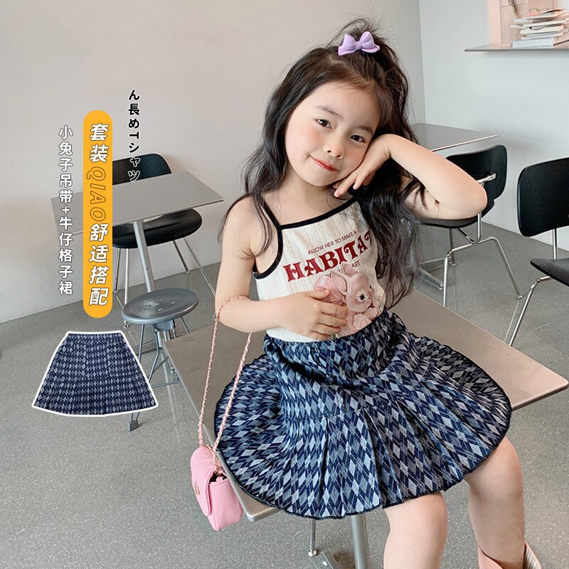 Children's Denim Skirt Girls Spring Summer Korean Plaid Short Skirt Trend