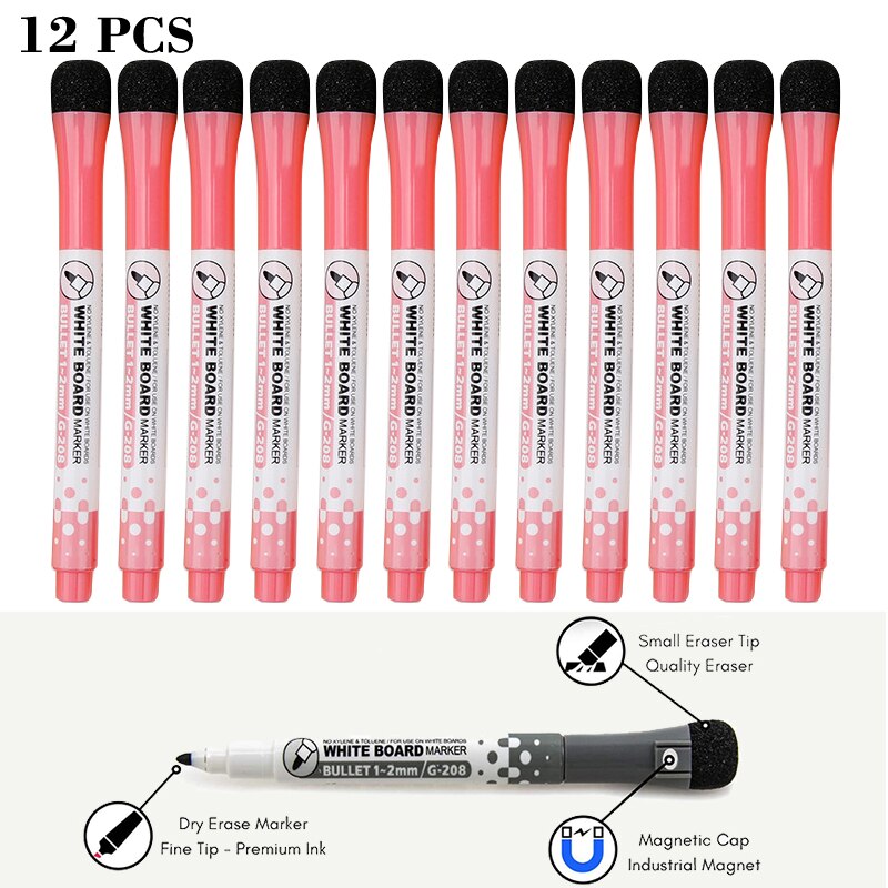 12 Pcs/lot Magnetic Dry Erase Whiteboard Markers Water 8 Colour Pen Black and White Office Supplies for Glass Ceramic Tile: 12Pcs-Red