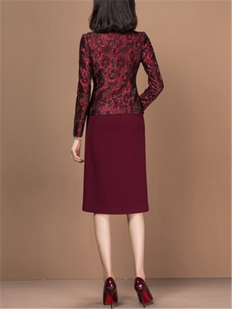 Women's Office Wear Dress Suits Burgundy Slim Suit Jacket 2 Two Pieces Set Outfit Business Clothes Female Plus Size