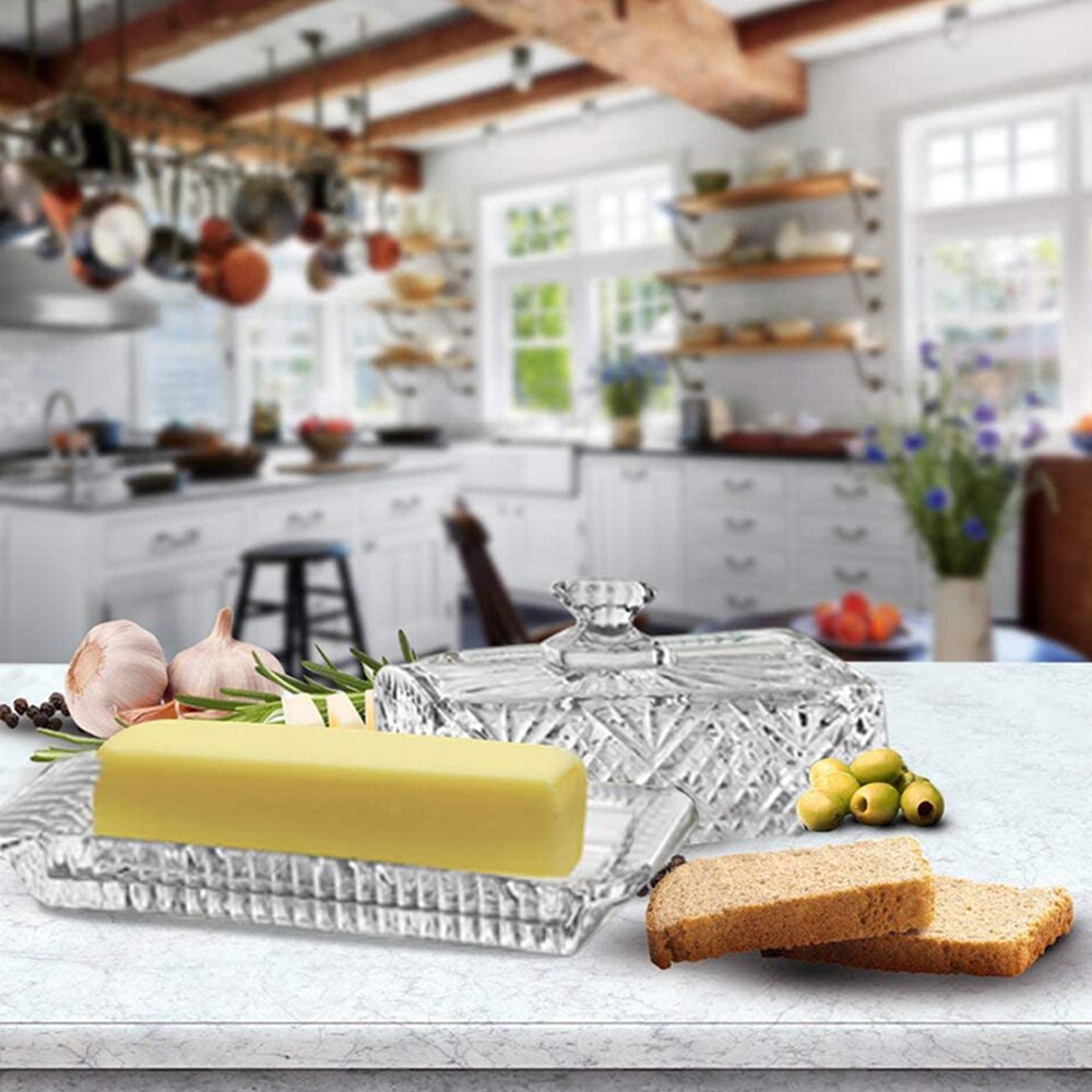 1pc Butter Plate with Lid Rectangular Glass Clear Tableware Cheese Box for Home Hotel