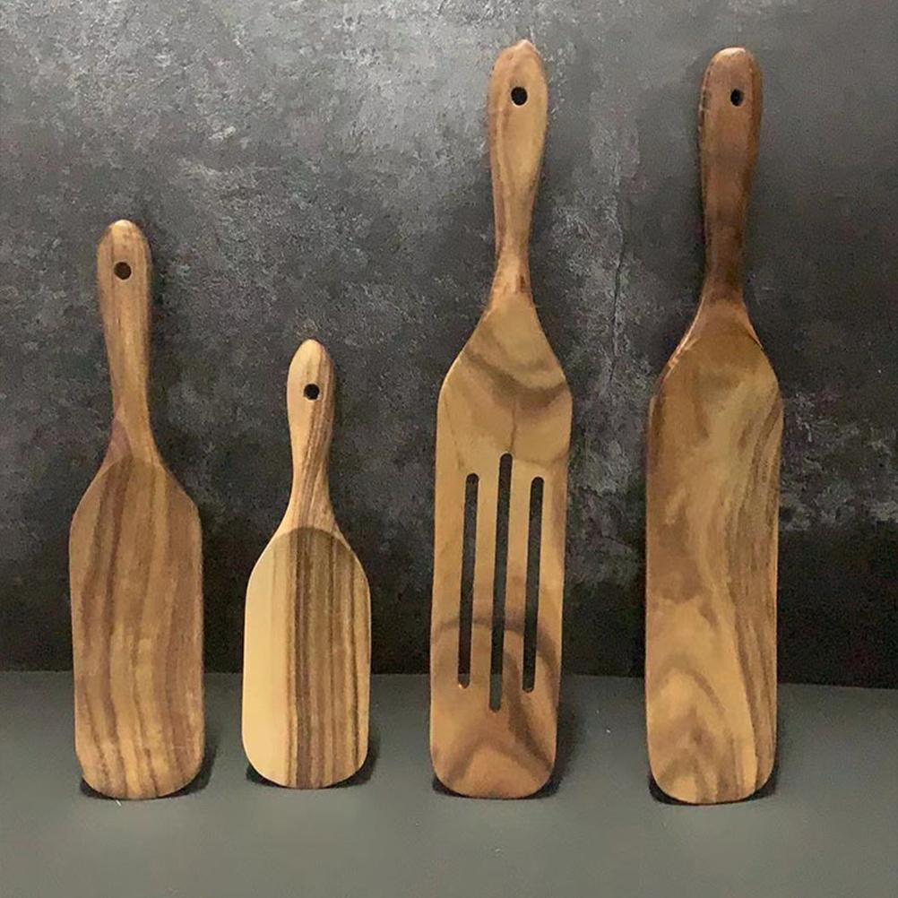 Wooden Cooking Utensils Slotted Spurtle Spatula Sets Non Stick Kitchen Tableware Non Stick Natural Teak Wood Cookware Set