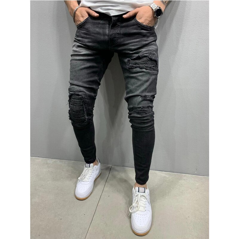 Dünne Zerrissene Jeans Männer lässig schlank passen Herren Falten Jeans Homme Motor- Radfahrer Hüfte hüpfen Denim Hosen Hosen Pantalones HEIßER