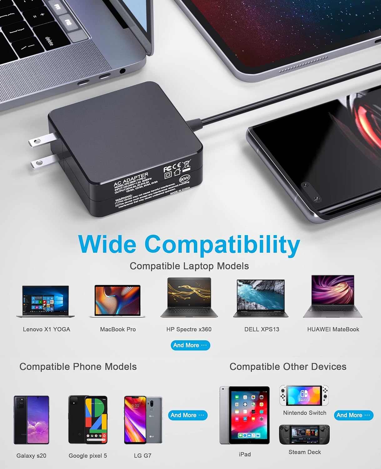 65W USB C Power Adapter, Type C Power PD Wall Fast Charger Compatible with Lenovo, Dell Latitude, Huawei Matebook, HP and Acer