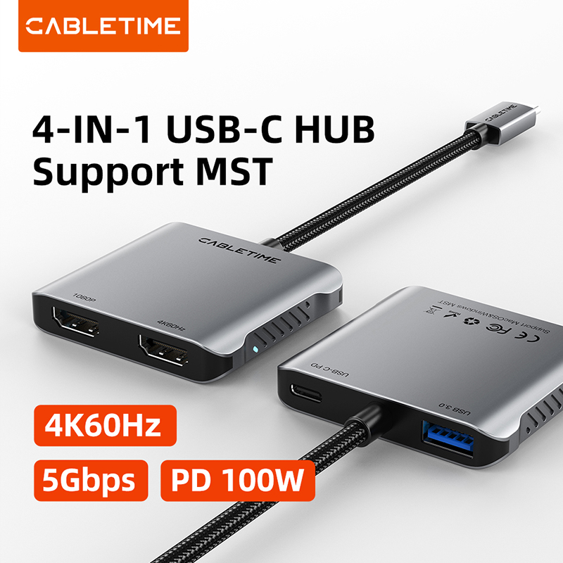 CABLETIME Centrum USB-C 4 w 1 MST z obsługą 4K60Hz, 5Gbps, PD100W, kompatybilny z MacOS, obsługa dwóch ekranów, dokujący adapter robić komputera prochowiec.