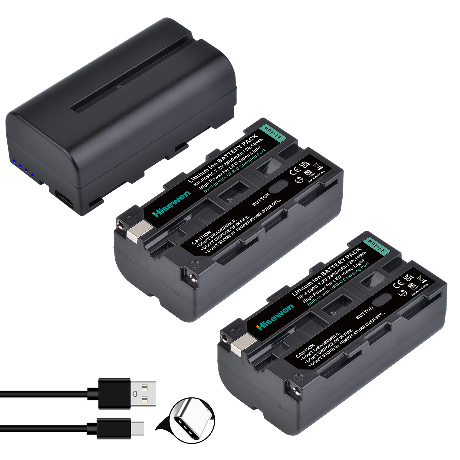 2800mAh Built-in Type-C Charging Port Battery for NP-F330 NP-F530 NP F550 NP-F570 NP-F750 LED Video Light Photography Lighting: Blue