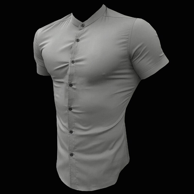 Heren Korte Mouw Zomer Plain Slim Fit Overhemden Fitness Mannen Gym Kleding Mode Casual Sociale Stand Zakelijke Shirts: GRAY / Xl