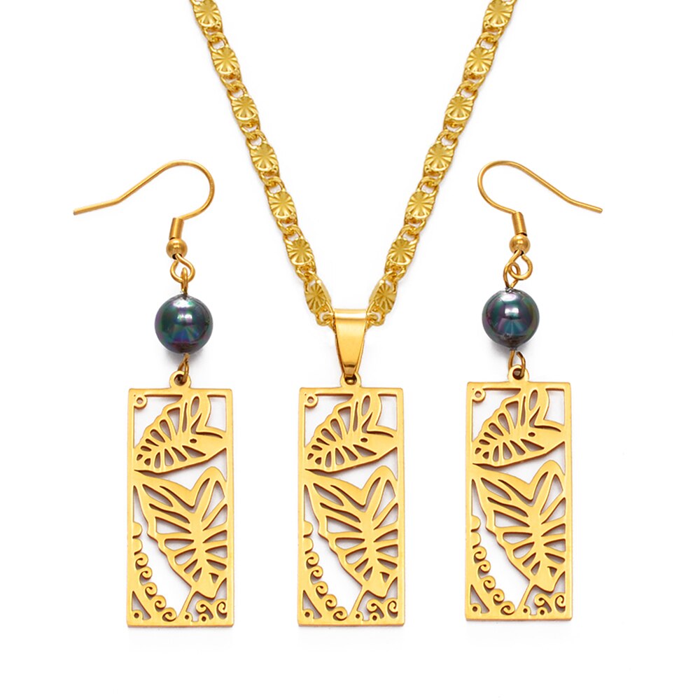 Anniyo Hawaiian Jewelry sets Leaf Black Pearl Necklace Earrings Marshallese Guam Micronesia Chuuk Pohnpei Wedding #150421