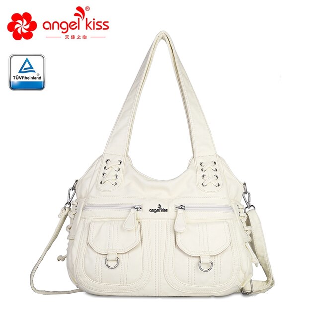 Angelkiss Gewassen Pu Vrouwen Handtas Dame Schoudertas Dubbele-Compartiment En Multi-Pocket Ruim Messenger Tote Met Lange band: Vanilla