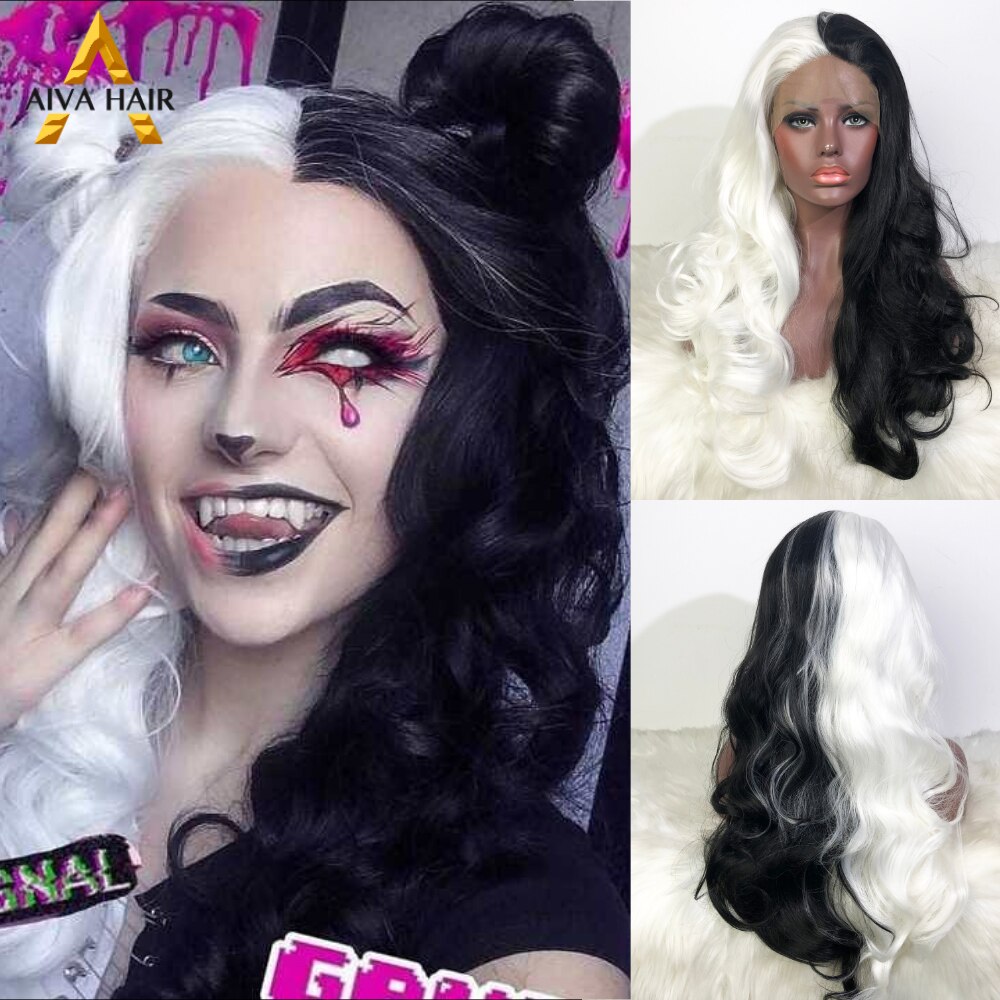 Drag Queen Synthetic Lace Front Wig AIVA Half Black White Wavy Wig Heat Resistant Cosplay Synthetic Wigs For Black Women