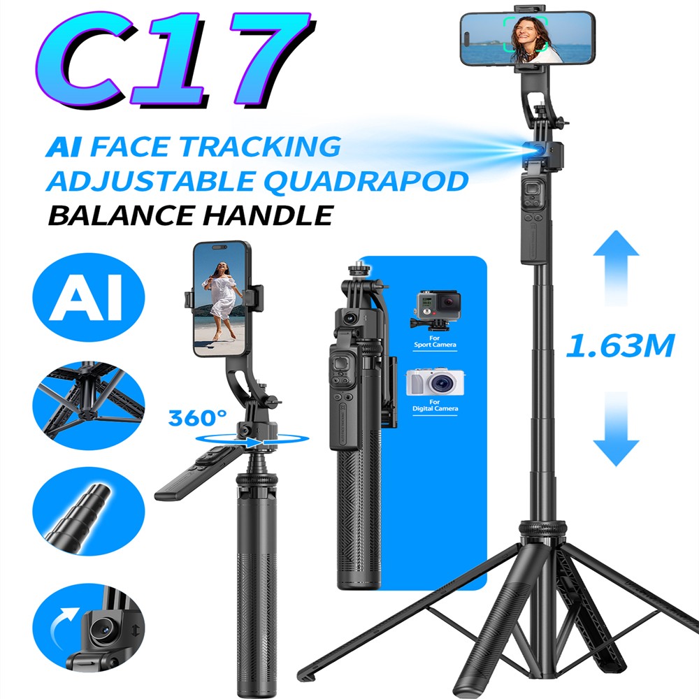 C17 Monopiede 360 ° Treppiede da tiro con tracciamento AI con rotazione automatica Luce di riempimento otturatore Bluetooth per supporto per telefono Bastone selfie wireless: WHITE