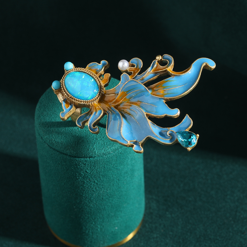 Anillos de pez dorado azul esmaltados Vintage, Color dorado, piedra de lujo, accesorios de joyería antigua de animales, de compromiso para mujer,