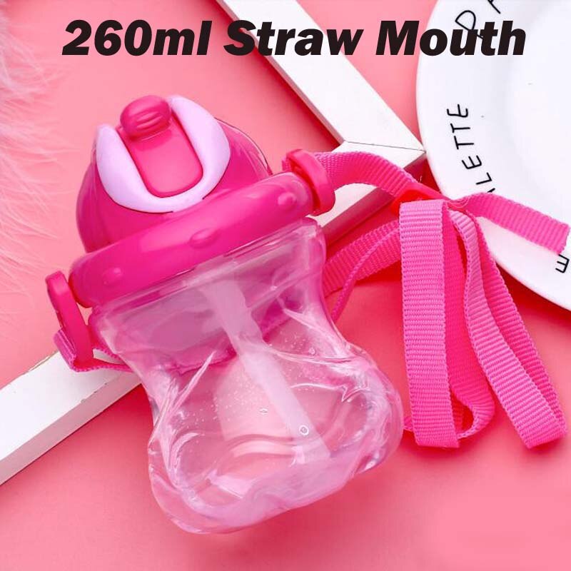 280ml Safety PP Material Children Straw Cup Drinking Bottle with Handles: Pink with Rope
