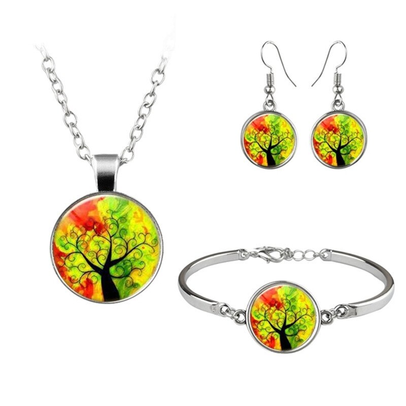 Fashion Tree Of Life Art Photo Jewelry Set collana con ciondolo in vetro bracciale per orecchini totalmente 4 pezzi per regali creativi per ragazze da donna