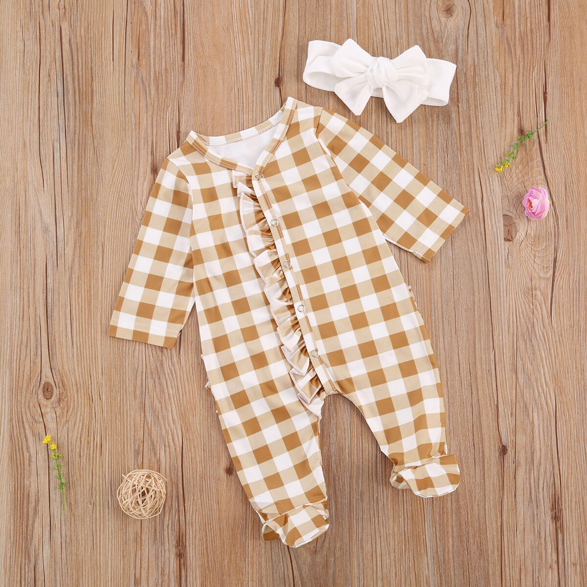 Infant Kids Baby Girls Boys Plaid Footies Long Sleeve Ruffled Jumpsuits Spring Autumn Clothing With Headband 2Pcs 0-12M