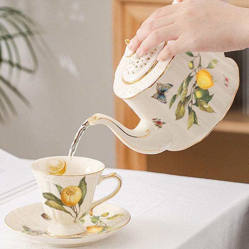 French Retro Gold Edge Cup And Saucer Set Lemon Teapot Coffee Mug Ceramic Dinner Plates Kitchen Drinkware For Birthday Wedding