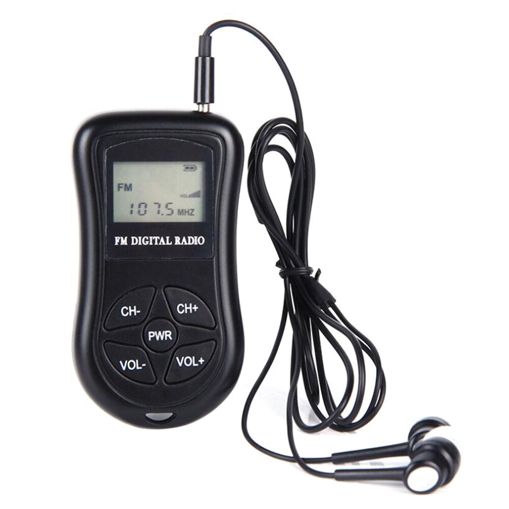 Stereo Receiver ABS Pocket Radio Digital Handheld Portable Earphones Black Battery Powered LCD Display Mini FM