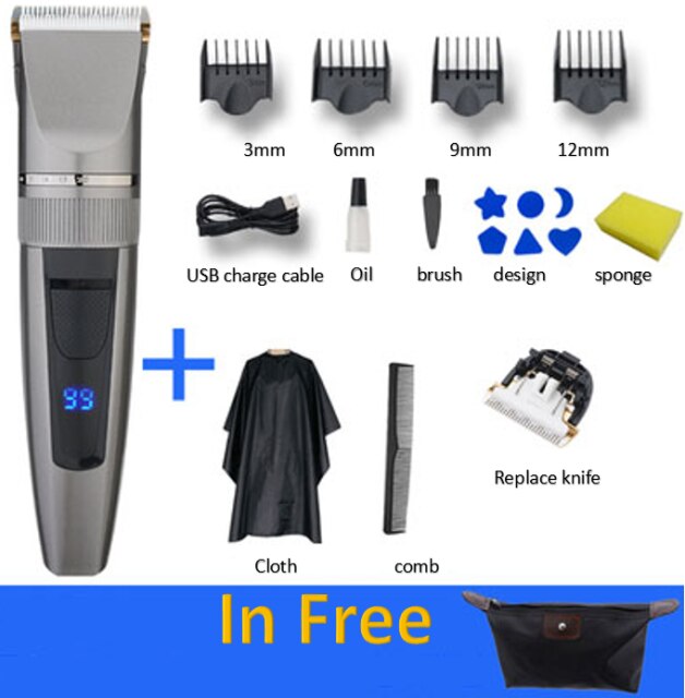 Hair Clipper Electric Trimmer With LED Screen Washable Rechargeable Men Strong Power Steel Cutter Head: Silver