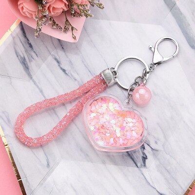 Novo estilo criativo acrílico coração chaveiro móvel sequin pacote de areia movediça acessórios automóvel pendurado ornamento: Pink