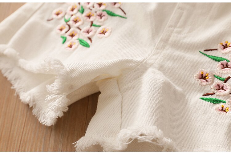 Zomer baby meisjes denim shorts koreaanse bloemen borduurwerk meisjes jeans maat 3 4 5 6 7 8 t peuter kinderen elastische taille shorts