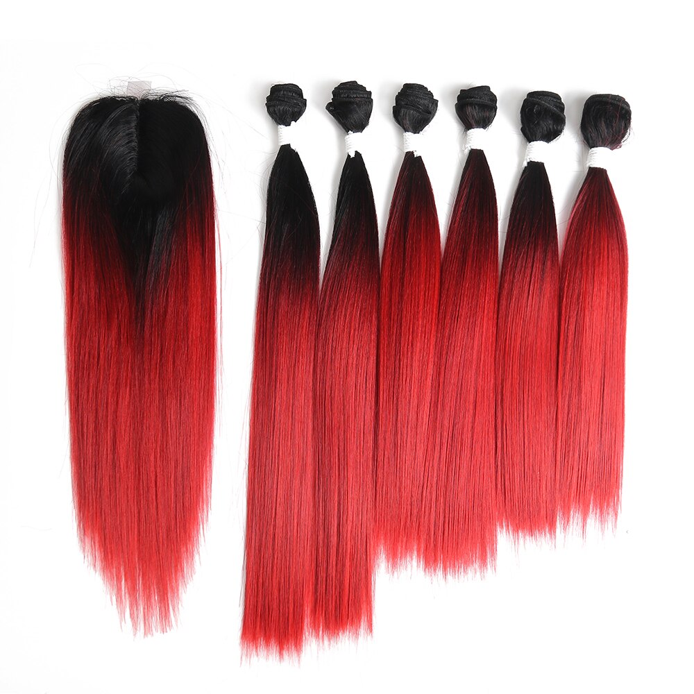 Highlight Synthetic Hair With Lace Closure Weave Bundles Weave Hair Extension Yaki Straight 6 Bundles With Closure SOKU: OM1B-RED