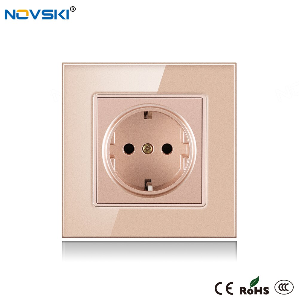 Novski stikkontakt tysk schuko f stik jordet , 16a eu standard stikkontakt 86 mm * 86 mm 220v: Glaspanel gyldent