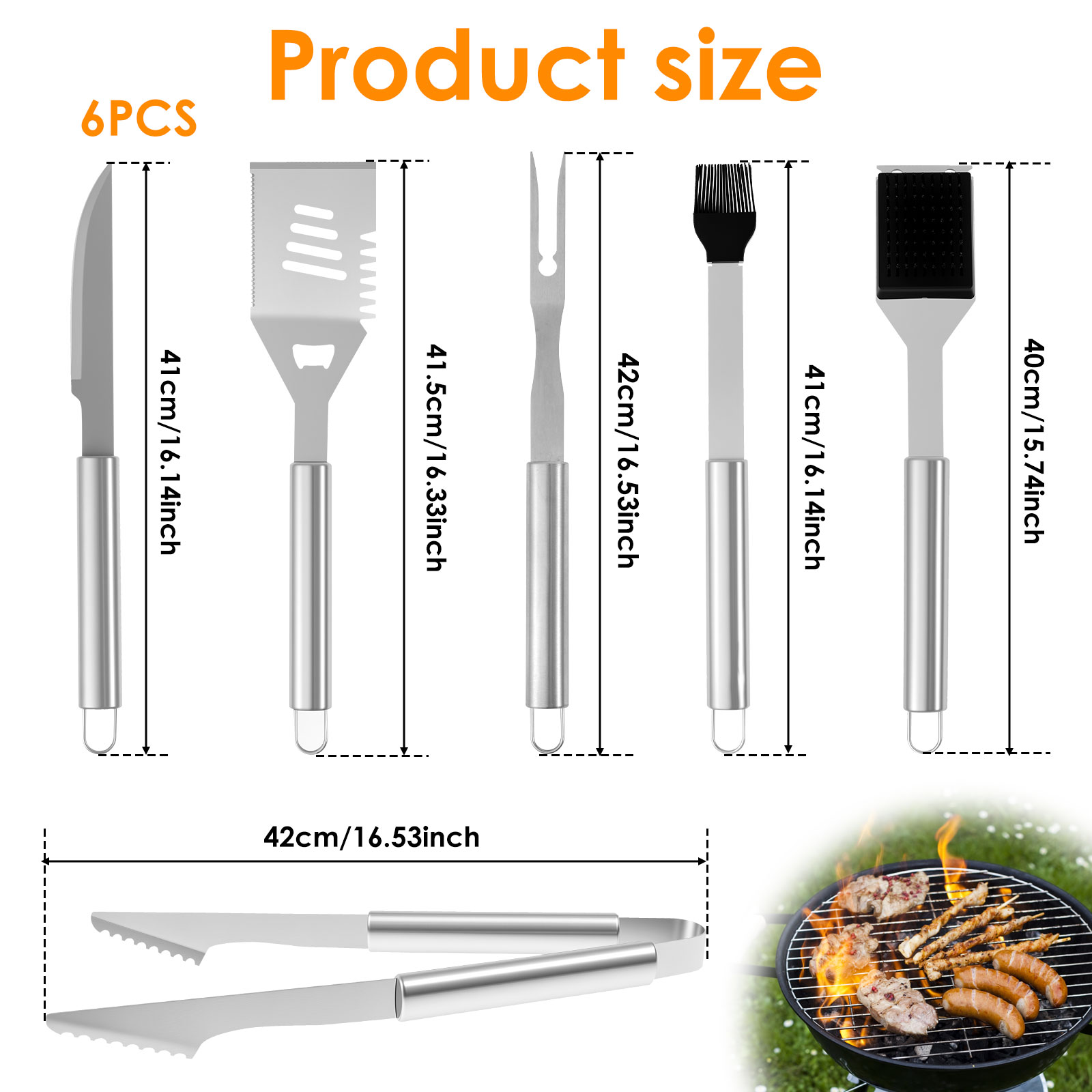 6Pcs Grill Tools Set Stainless Steel Grilling Accessories Kit Insulated BBQ Tool Set with Ergonomic Extended Handle for BBQ