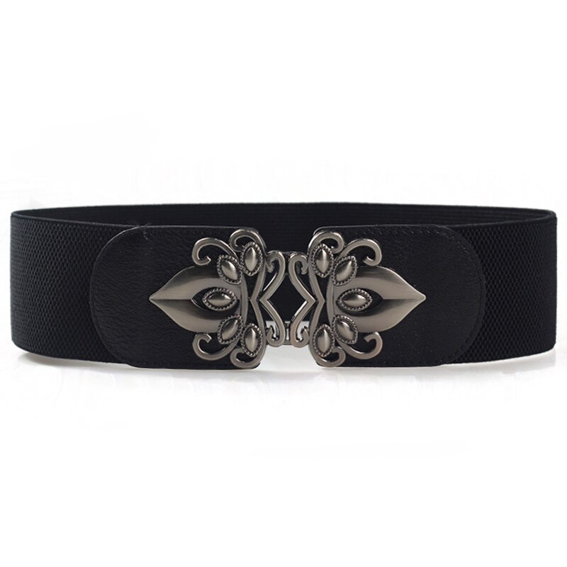Ceinture élastique large pour femme, ceinture large pour pull et jupe, ceinture cintrée pour robe glrsbuty avec boucle en métal à fleurs, ceinture corset: Noir
