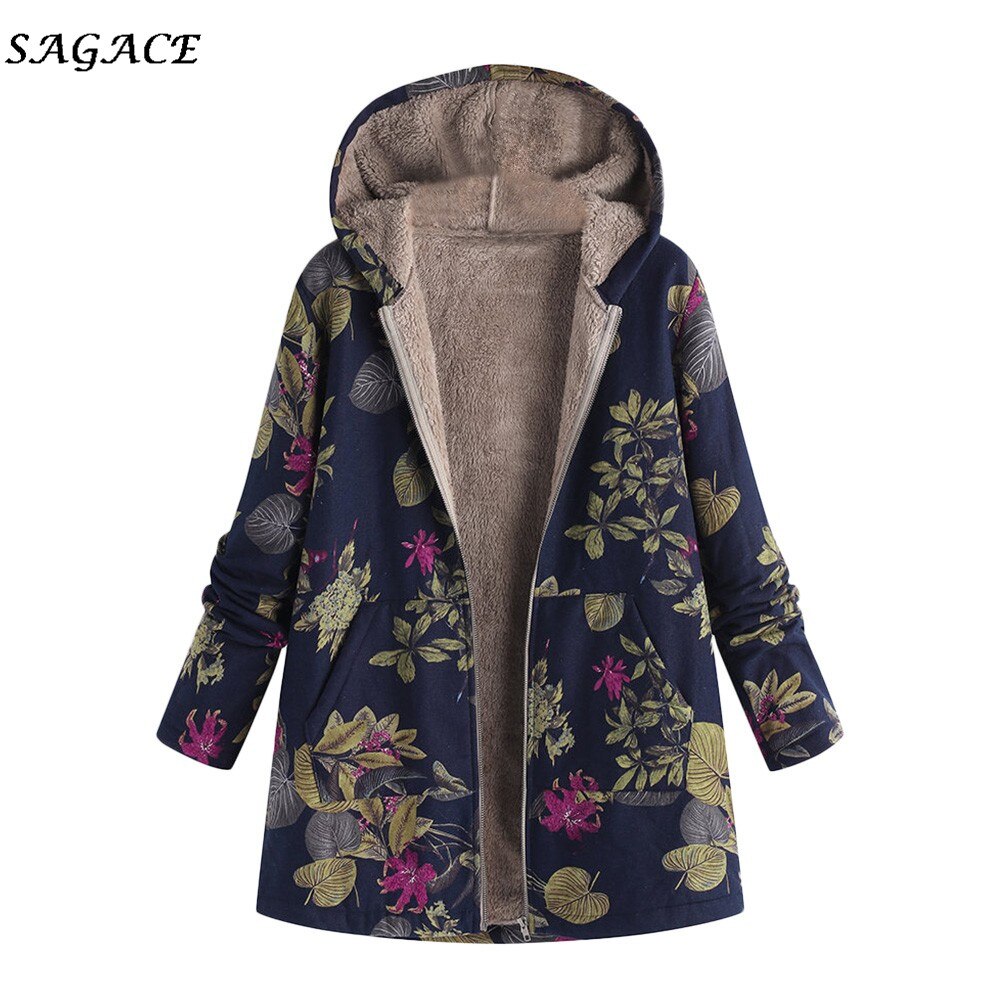 Sagace Kleding Jassen Vrouwen Winter Rits Warme Jassen Lady Warm Uitloper Bloemenprint Capuchon Zakken Vintage Oversize Jassen: Navy / 4XL