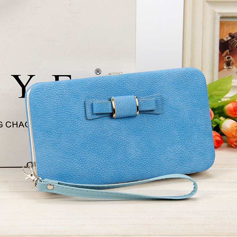 Women Bowknot Wallet Long Purse Phone Card Holder Clutch Large Capacity Pocket: Light blue