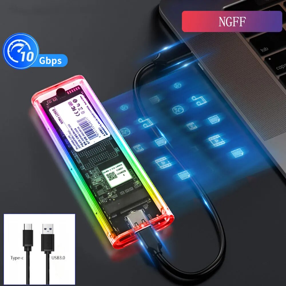RGB M2 SSD Case M.2 NVME SSD Enclosure M.2 to USB C Transparent Hard Drive Enclosure for NVME PCIE NGFF SATA M/ B Key SSD Disk: Red