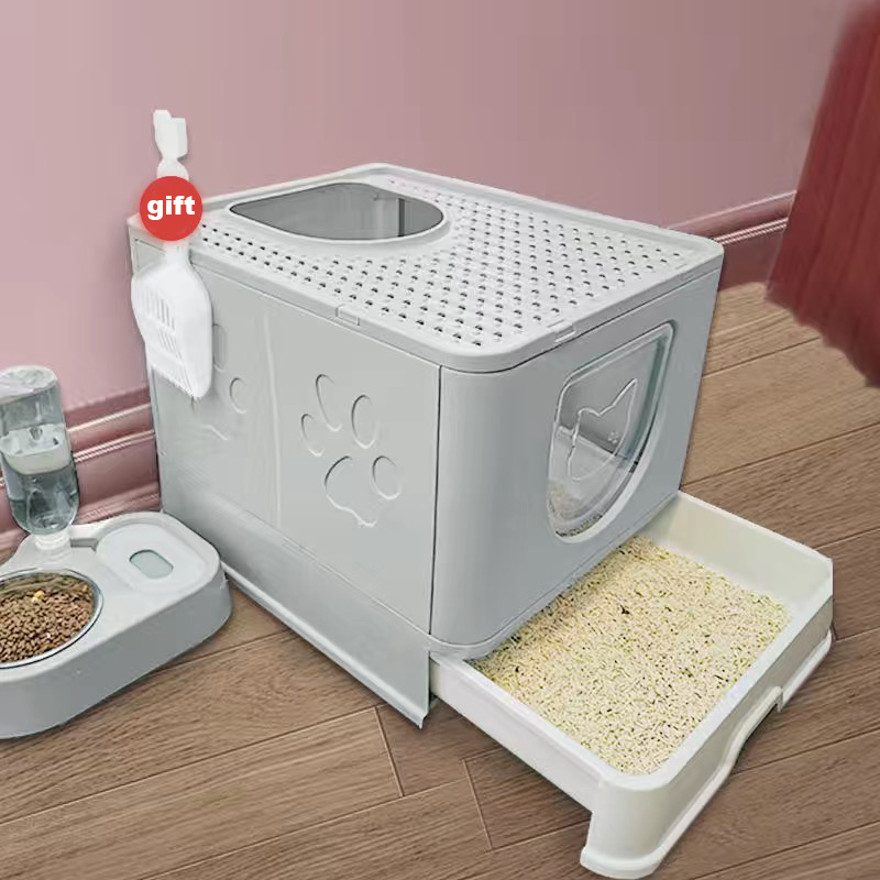 Caja de arena grande para gatos, arenero cerrado, bandeja de arena de plástico, antisplas, productos para mascotas, Alfombra de cama: gray 50X40X38 cm