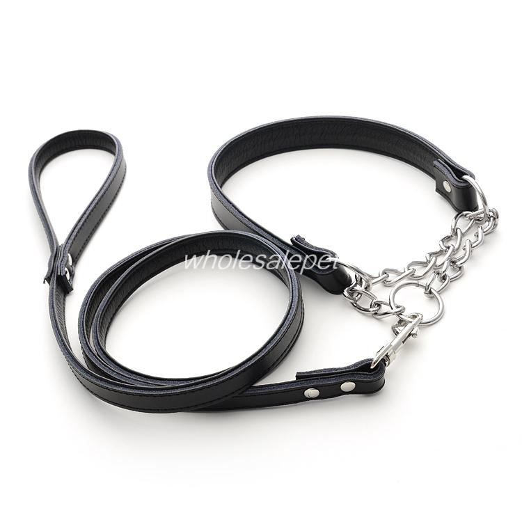 Lederen Hond Wandelen Leash & Half Chain Choke Pet Training Kraag Set: Black / S