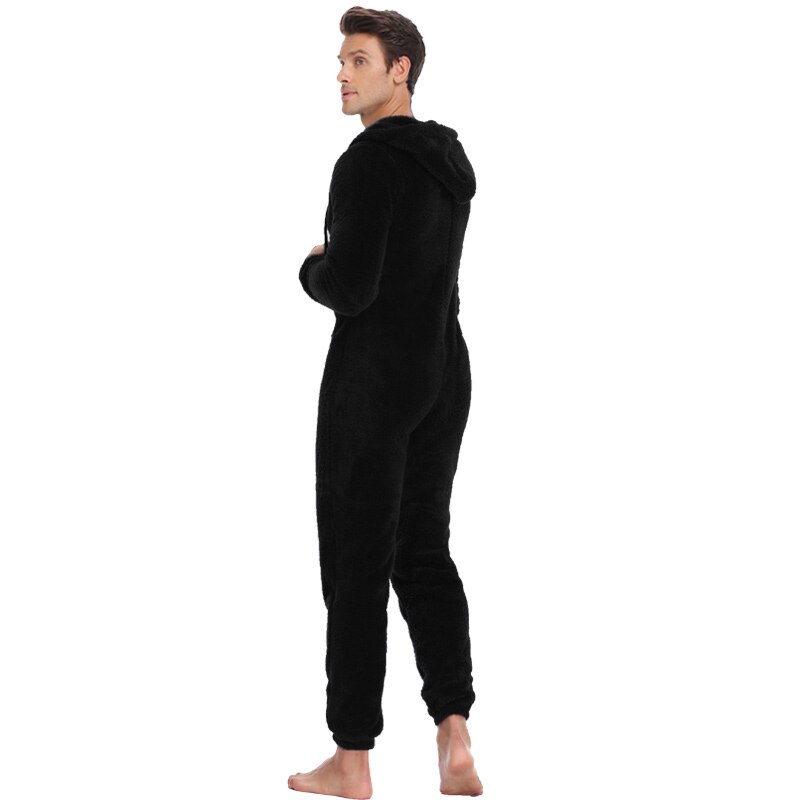 Men Plush Teddy Fleece Pajamas Winter Warm Pyjamas Overall Suits Plus Size Sleepwear Kigurumi Hooded Pajama Sets For Adult Men: Black / M