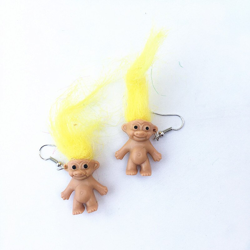 Retro Crazy Doll Statement Earrings Cute Ugly Baby Dangle Earrings Multicolor Hair Weird Doll Women Jewelry: Yellow hook