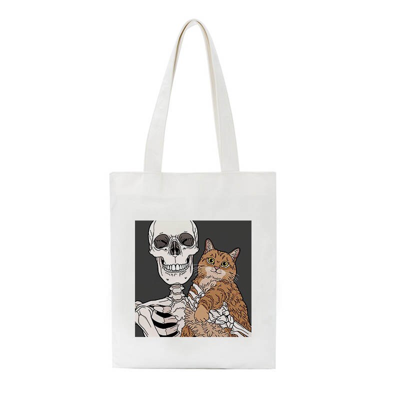 Schädel und Nette Katze cartoon druck Frauen Vintage casual chic frauen zipper große-kapazität leinwand neue Goth ins schulter taschen: 4